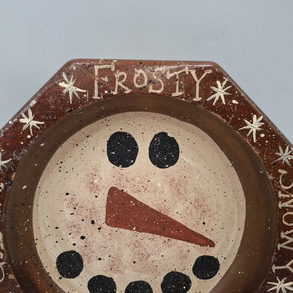 Vintage Octagon Wooden Snowman Bowl Dish Frosty Flurry Snowman Decor Rustic 8 In